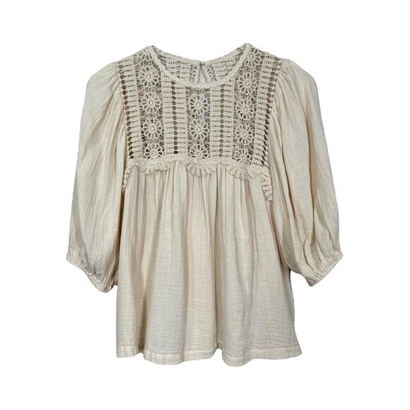 Saylor Nakai Blouse Medium Boho Cream Crochet Peasant Top Cottage Prairie Gauze - Picture 3 of 7